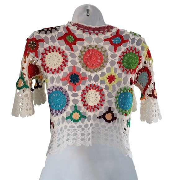 Crafty VTG Style Crochet Granny Flowers Crop Cardigan SM Multi Festival - Picture 9 of 16